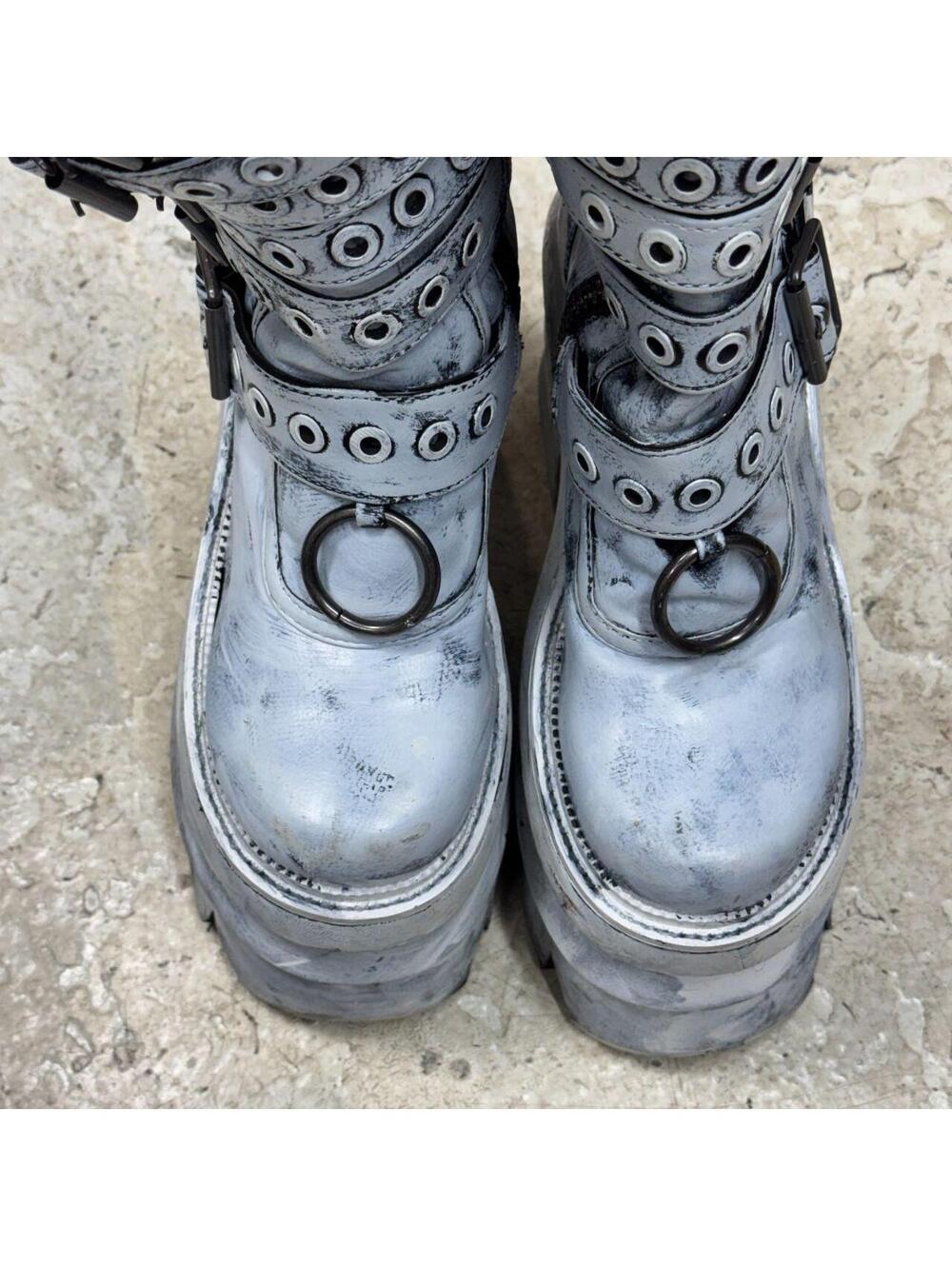 Painted Distressed Cyber-Goth Mega Platform Buckle Knee Boots - Picture 5 of 8